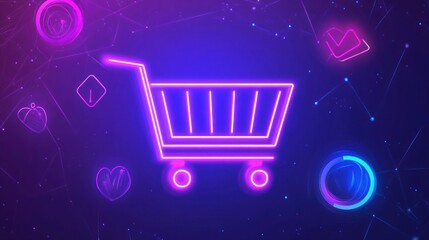 Wall Mural - Neon shopping cart icon on digital background.