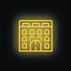 Poster - Glowing neon yellow building facade with arch windows and gate on black background