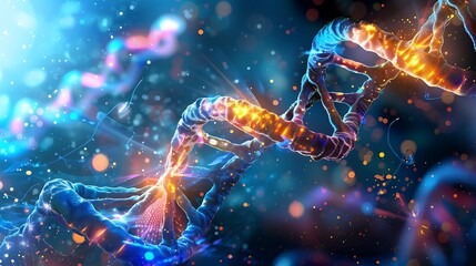 Poster - A DNA double helix structure with vibrant, glowing strands and a dynamic, 3D appearance