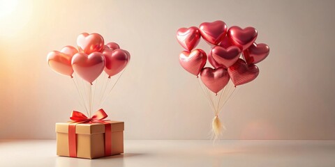 Wall Mural - A golden gift box adorned with a vibrant red ribbon sits beside two clusters of heart-shaped balloons, floating elegantly against a soft, neutral backdrop.