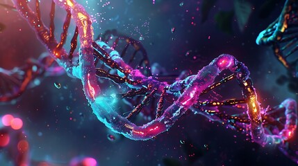 Poster - A DNA double helix structure with vibrant, glowing strands and a dynamic, 3D appearance