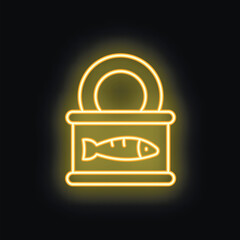Poster - Bright yellow neon icon of a can of sardines is glowing on a black background