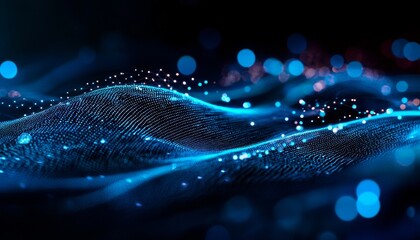 Fototapete - A mesmerizing wave of blue particles and light, creating a dynamic and fluid digital landscape.