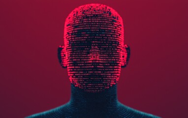 Fototapete - A digital representation of a humanoid figure, composed of intricate patterns and glowing pixels against a vivid red backdrop, evoking a futuristic vibe.