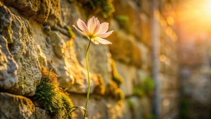 Wall Mural - A delicate blossom thrives in the warm golden light, its slender stem reaching towards the sun, a testament to resilience amidst weathered stone