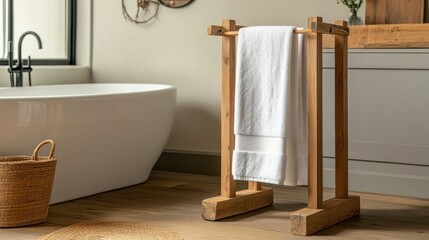 Wall Mural - Wooden towel rack in a modern bathroom.