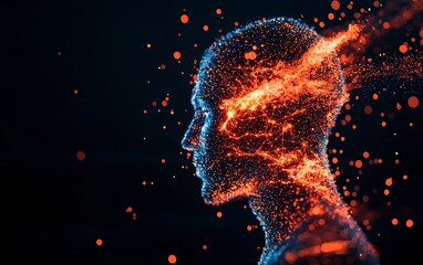 Poster - A digital silhouette of a human head emitting vibrant particles, illustrating a fusion of technology and consciousness.