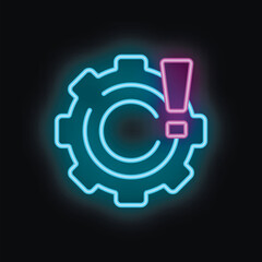 Poster - Neon gear with an exclamation mark is glowing on a black background