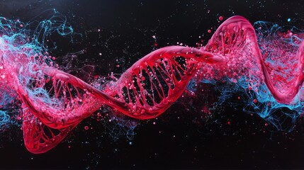 Poster - A vibrant representation of DNA, featuring a dynamic red helix intertwined with blue splashes against a dark background, symbolizing life and genetic science.