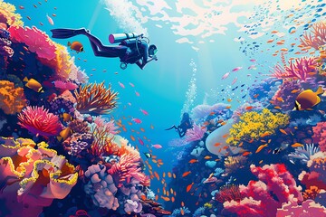 Poster - A marine biologist studying coral reefs underwater, with vibrant marine life and colorful coral formations