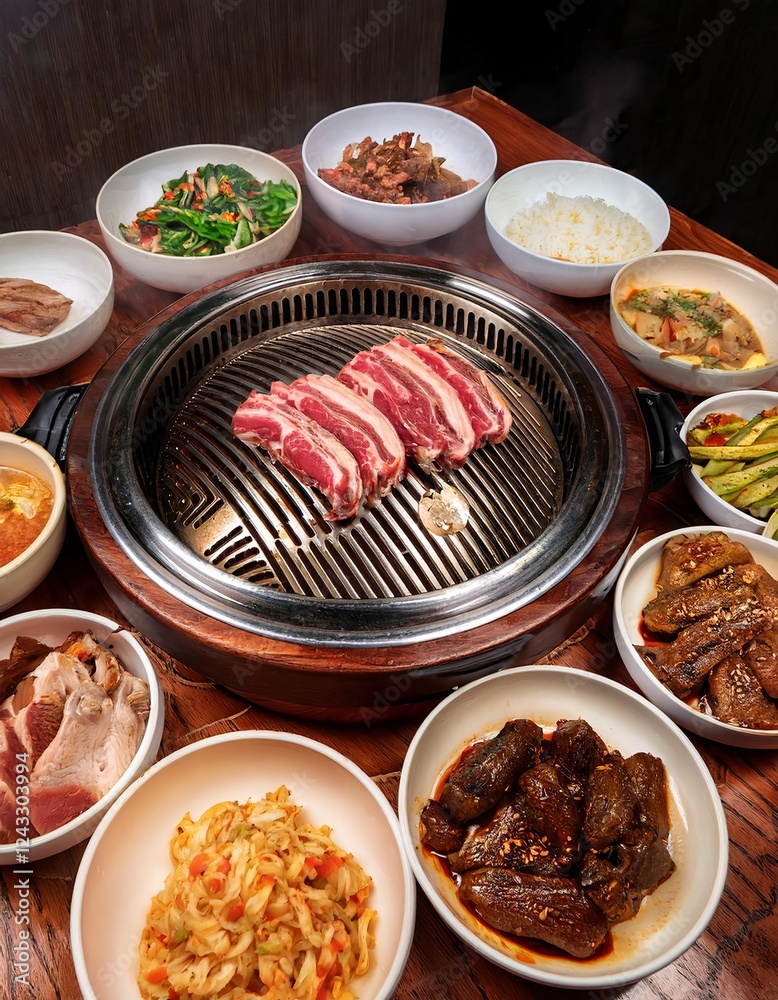 grilling-beef-short-ribs-on-korean-bbq-grill-with-various-side-dishes