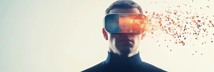 Poster - Man wearing a vr headset, experiencing overwhelming digital overload as his head bursts into vibrant, colorful fragments, reflecting the chaos of virtual reality and sensory stress