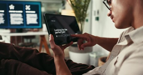 Poster - Hands, tablet and screen at startup with reading, inspection or check progress for job search application. Person, developer and digital touchscreen with review, process and user experience at agency
