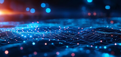 Poster - A vibrant, abstract representation of a digital landscape, featuring glowing particles against a dark background, suggesting connectivity and technology.
