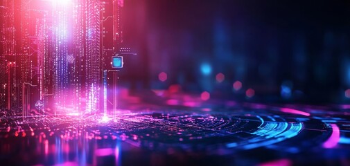 Fototapete - Vibrant digital landscape with glowing data streams and abstract patterns, evoking a sense of technology and futuristic innovation.