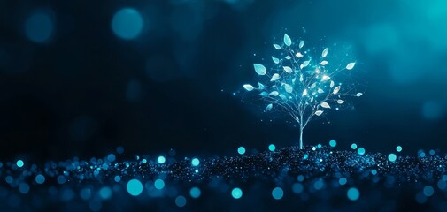 Poster - A glowing blue tree stands amidst shimmering particles, creating a serene and magical atmosphere.
