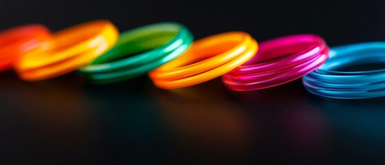 Poster - A vibrant arrangement of colorful plastic rings arranged in a line against a dark background, showcasing their glossy surfaces and varied hues.