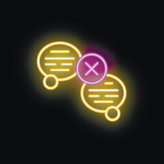 Poster - Neon icon of two speech bubbles separated by cross sign representing unsuccessful communication on black background