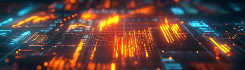 Poster - A vibrant, abstract representation of a digital circuit board, showcasing glowing lines and patterns in orange and blue tones.
