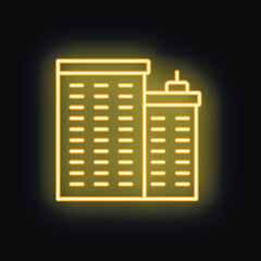 Poster - Glowing neon icon representing two office buildings, perfect for projects related to business, city life, and architecture