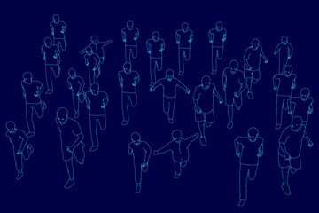 Poster - A group of people are running in a blue background. The people are in various positions and some are holding a ball. Scene is energetic and active