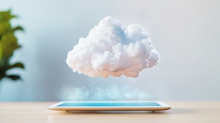 Poster - A tablet with a floating cloud above it, symbolizing cloud computing and digital technology in a modern setting.