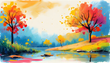 Wall Mural - Autumn Landscape with Trees and River