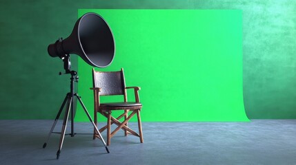 Artistic composition of a directors chair and megaphone with a vibrant green screen in the background.