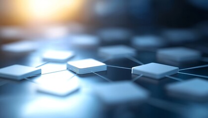 Poster - A close-up view of interconnected 3D hexagonal shapes on a digital surface, representing technology and networking.