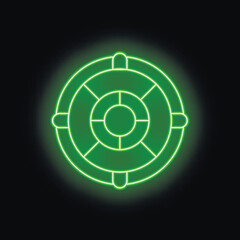 Poster - Green neon sign shaped like a lifebuoy glowing on a black background