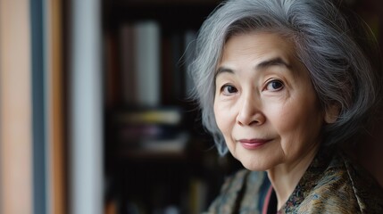 Poster - In a warm and inviting room, an elderly woman gazes thoughtfully out the window, her silver hair framing a gentle face that tells stories of a life well-lived