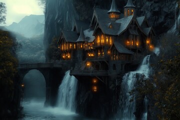Poster - A castle built into the side of a waterfall, glowing lanterns lighting up its windows