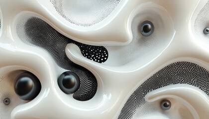 Poster - An abstract image featuring fluid shapes, black spheres, and a textured surface, creating a dynamic interplay of light and shadow.