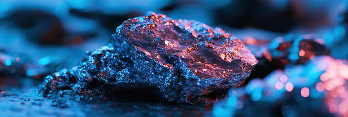 Wall Mural - Close-up Photograph of a Metallic Rock Sample under Blue and Pink Lighting