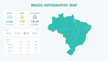  Business Growth Infographic Map of Brazil. Orders, Customers, Sales Overview & product Infographic Map of Brazil. Easy to edit