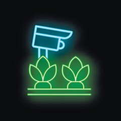 Poster - Glowing neon icon of a security camera monitoring growing plants in a garden or farm