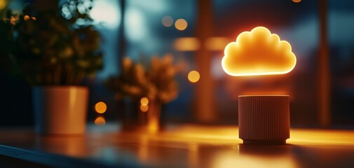 Poster - A glowing cloud icon illuminates a cozy indoor space, surrounded by plants, representing technology and digital storage.