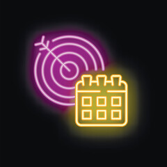 Poster - Neon sign illustrating the concept of achieving goals on time with a calendar and a target