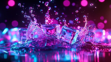 Poster - A vibrant splash of ice cubes in colorful water, creating a dynamic and eye-catching scene with bubbles and reflections.