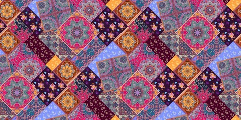 Wall Mural - bohemian seamless patchwork pattern with embroidered tulips, mandalas, ornaments and autumn leaves.
