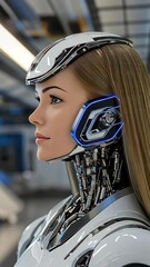 Poster - A humanoid robot with sleek features and glowing accents stands in a modern, high-tech setting, showcasing advanced robotics and design
