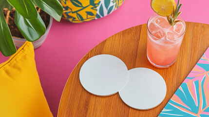 Wall Mural - Empty beer coasters mockup on table. Top view mockup of coasters set. Blurred beach cafe background.