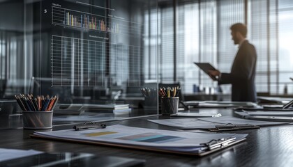 Poster - a modern office scene featuring a figure reviewing data and documents, with a focus on sleek design 