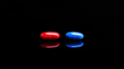 Poster - Two pills, one red and one blue, resting on a reflective black surface, symbolize a difficult choice and evoke themes of decision making and opportunity