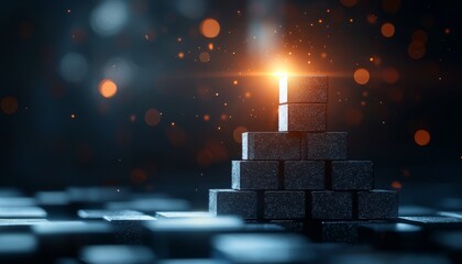 Poster - A glowing candle atop a pyramid of blocks, surrounded by soft, blurred lights, creating a serene and mystical atmosphere.