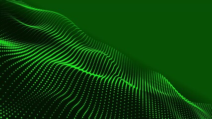 Poster - Abstract glowing digital cyber visual waves made of green particles and dots move on a green background. Dark blue swirling dot line wave background