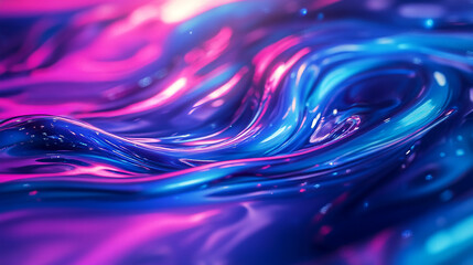 Poster - Abstract flowing liquid with vibrant glowing purple and blue tones, creating a dynamic fluid texture with sparkling highlights. This image symbolizes energy, movement, and creativity.