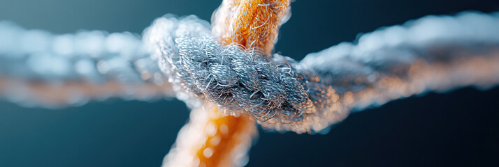 Close-up of Intertwined Silver and Orange Ropes