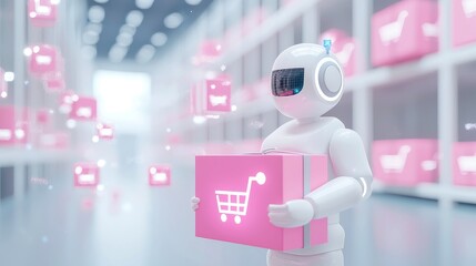 Poster - AI Supply Chain Optimization, an AI agent analyzes supply chain data to enhance logistics efficiency and minimize operational risks, depicted in a sleek 3D vector with a minimalist backdrop.