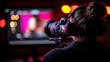 © Valentyna - A young woman films a video interview, using professional audio equipment in a vibrant studio setting